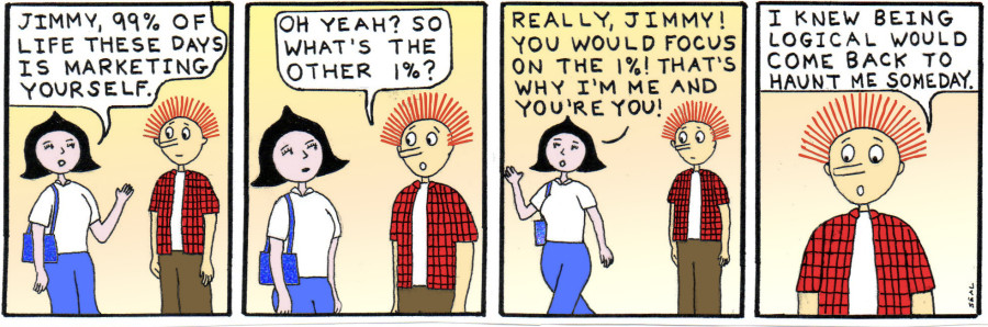 Humorous Jimmy O'Hair comic strip on marketing one's self in modern society.