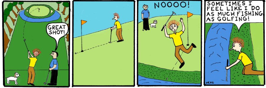 Golfing humor with hitting the ball in water.