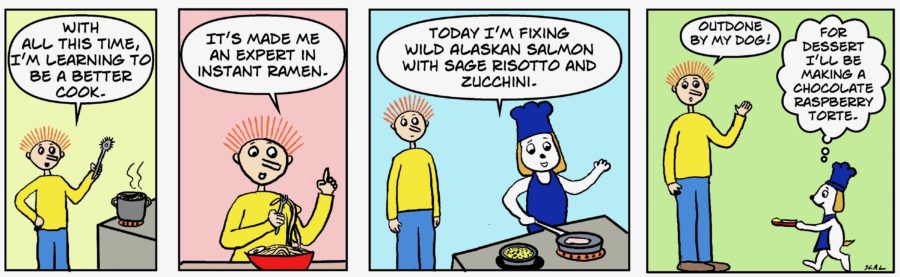 This comic strip shows the humor in cooking with a dog being the gourmet cook.