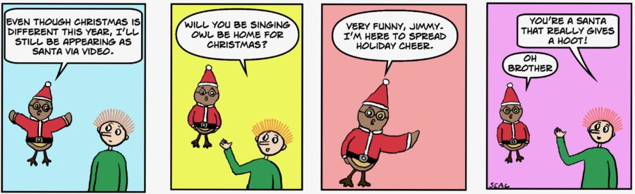 Jimmy's owl Hootie is a Santa Claus in this humorous comic strip
