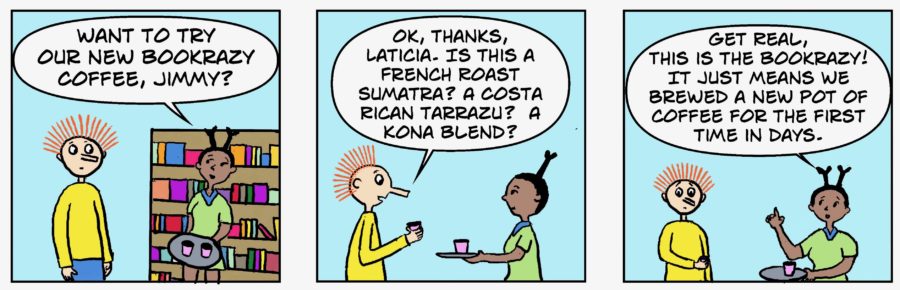 Funny sequence about different coffee types in a bookstore webcomic.